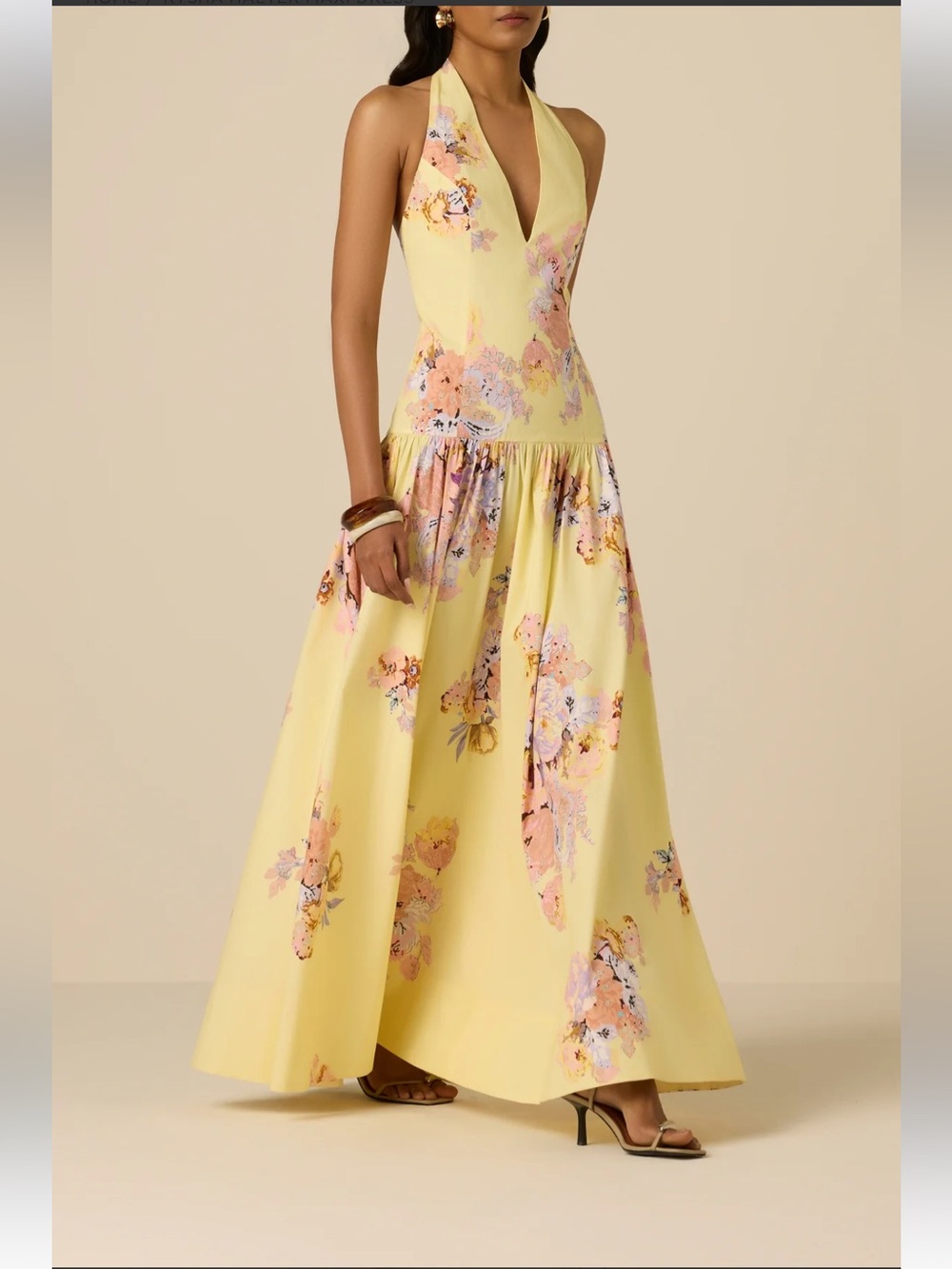 Worn Once Hemant and Nandita Kisha Yellow Floral Halter Maxi Dress Sz M